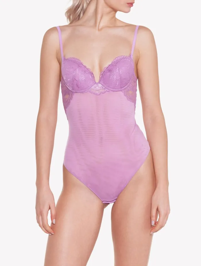 La Perla Luxury Lace Bodysuit In Lilac Rose Women Bodysuits and Bustiers