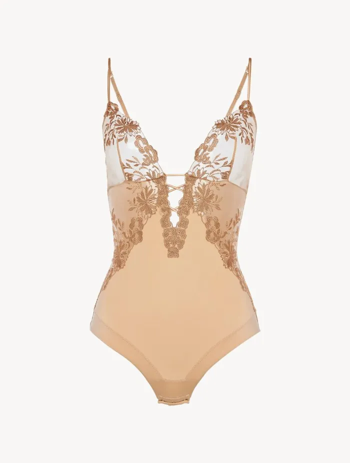 La Perla Luxury Lycra Bodysuit In Beige With Embroidered Tulle Women Bodysuits and Bustiers
