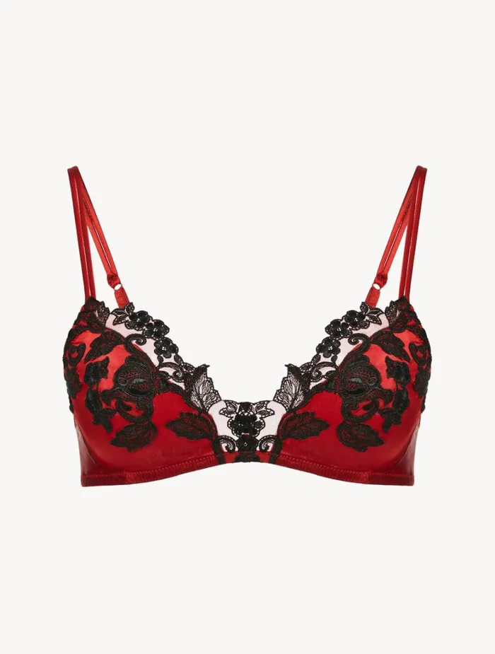La Perla Luxury Silk Triangle Bra In Red With Black Frastaglio Women Triangle