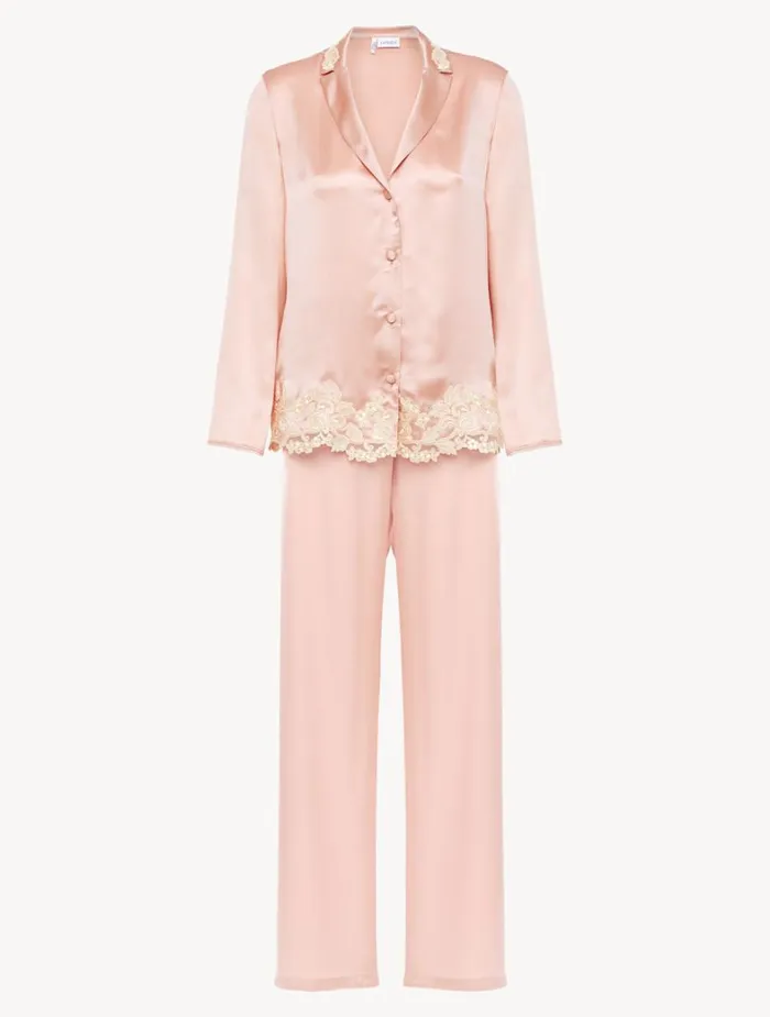 La Perla Pink Silk Long Pajamas With Frastaglio Women Pajamas
