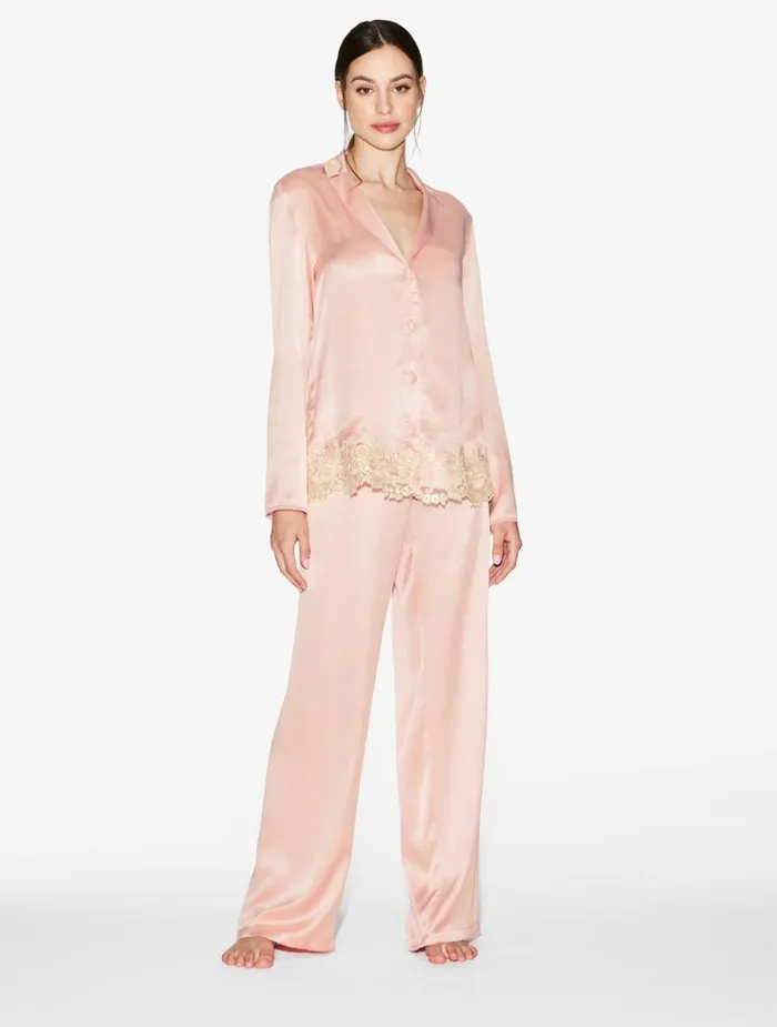 La Perla Pink Silk Long Pajamas With Frastaglio Women Pajamas