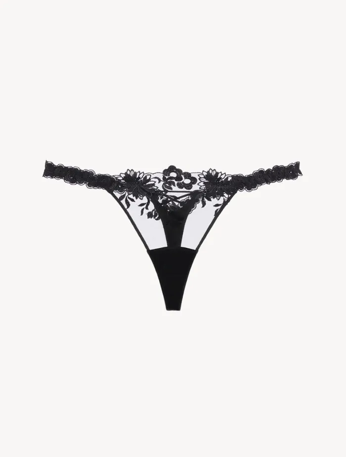 La Perla Thong In Black Lycra With Embroidered Tulle Women G String and Thong