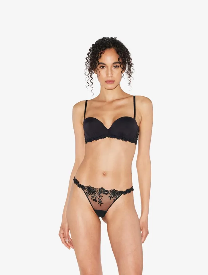 La Perla Thong In Black Lycra With Embroidered Tulle Women G String and Thong