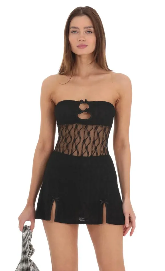 Lace Cutout Strapless Dress Black Women LUCY IN THE SKY Mini Dresses