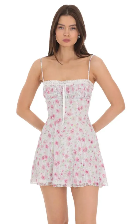 Lace Floral Front Tie Dress White Women LUCY IN THE SKY Mini Dresses