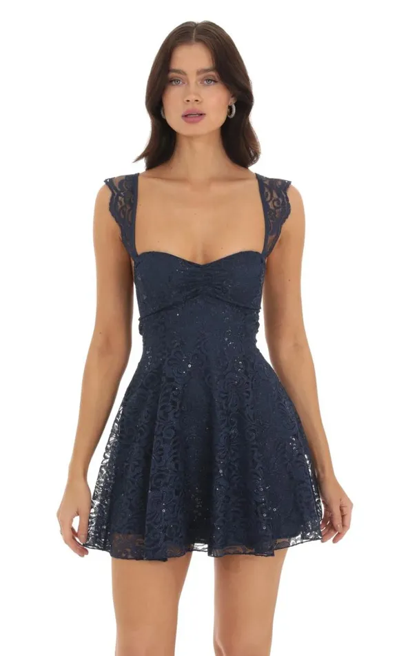 Lace Sequin Fit And Flare Dress Navy Women LUCY IN THE SKY Mini Dresses