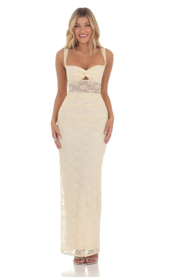 Lace Twist Ruched Maxi Dress Yellow Women LUCY IN THE SKY Maxi Dresses