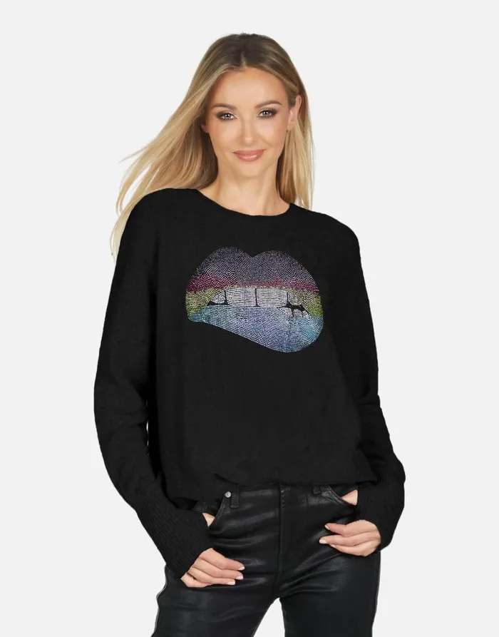 Ladona X Rainbow Crystal Biting Lip Black Women Lauren Moshi Sweaters and Knits