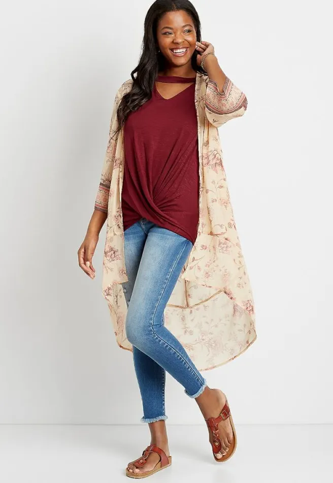 Light Pink Floral Bell Sleeve Kimono Women Maurices Tops