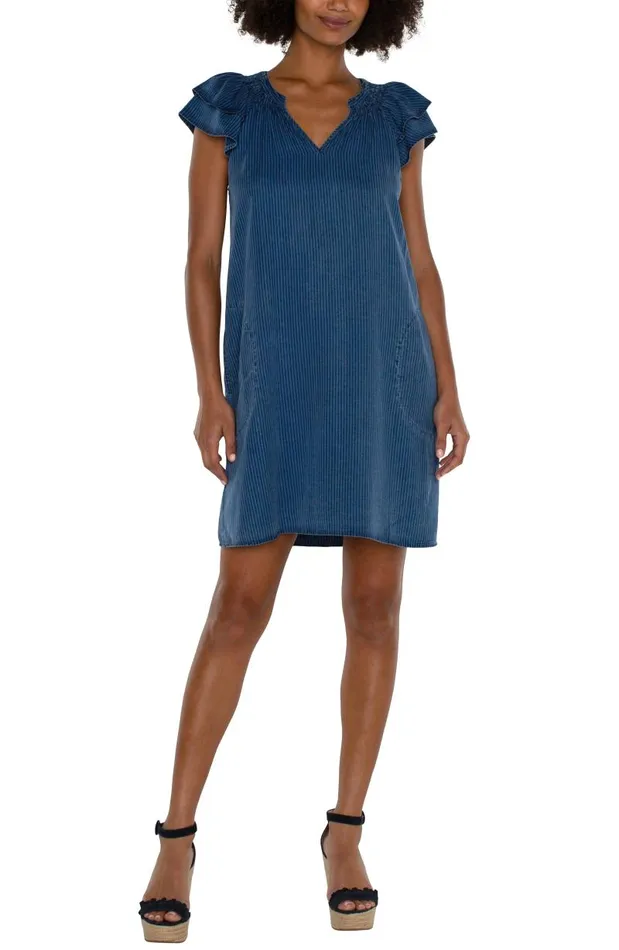 Liverpool Los Angeles Dresses CAP SLEEVE RAGLAN DRESS Indigo Pinstripe 8211 Womens