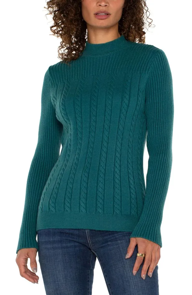 Liverpool Los Angeles Sweaters MOCK NECK CABLE SWEATER Malachite 8211 Womens