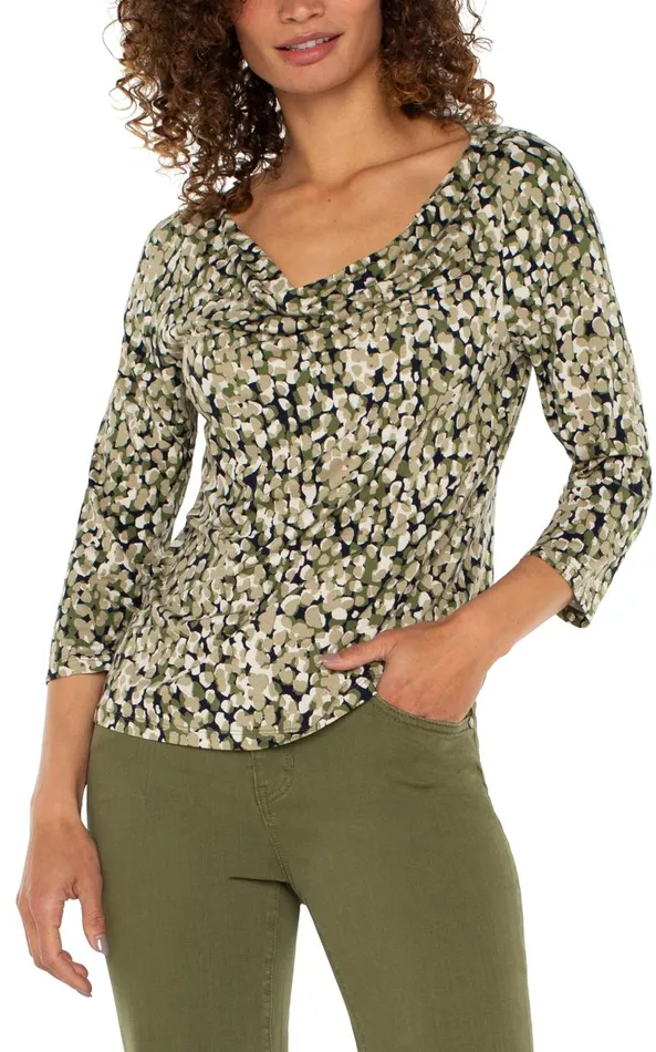 Liverpool Los Angeles Tees 34 SLEEVE DRAPED NECK KNIT TOP Olive Camo Dot 8211 Womens
