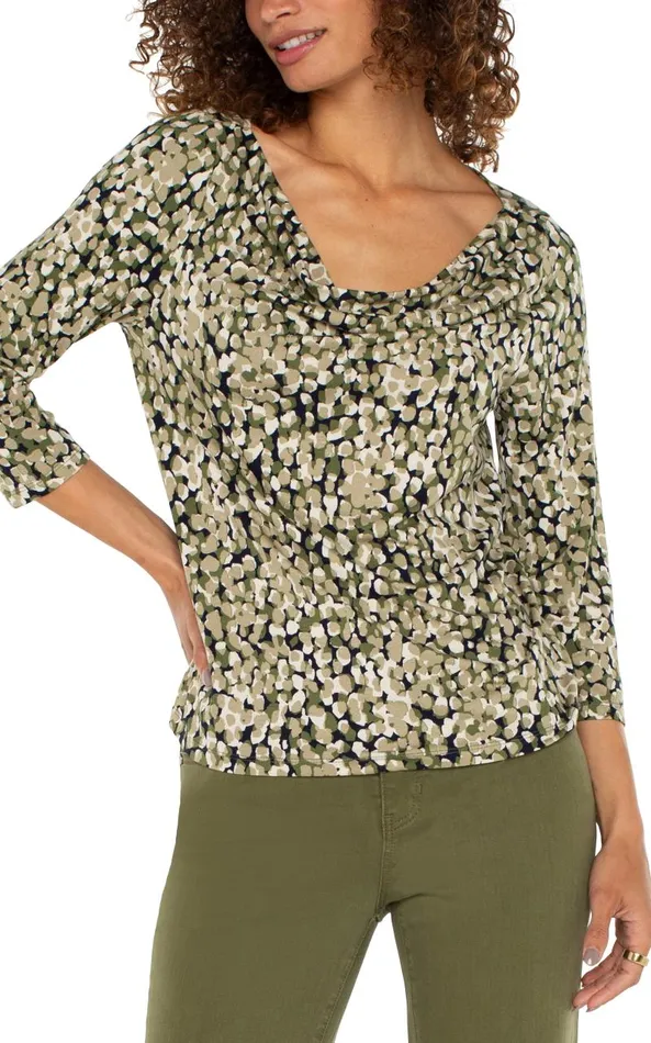 Liverpool Los Angeles Tees 34 SLEEVE DRAPED NECK KNIT TOP Olive Camo Dot 8211 Womens