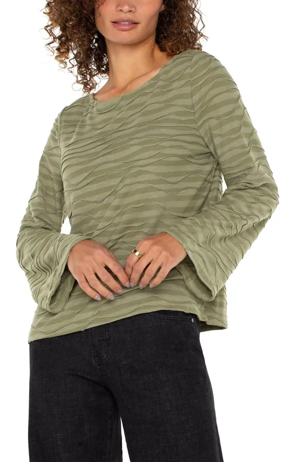 Liverpool Los Angeles Tees FLARED SLEEVE BOAT NECK KNIT TOP Spanish Olive Stripe 8211 Womens