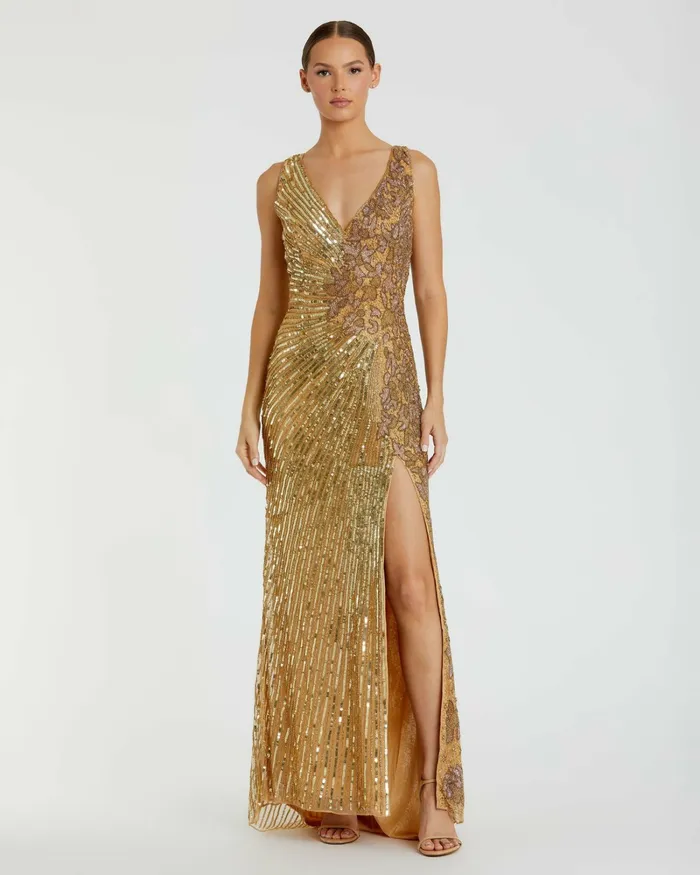 Mac Duggal Best Sellers Women Gold Beaded Floral Sleeveless Gown Gold