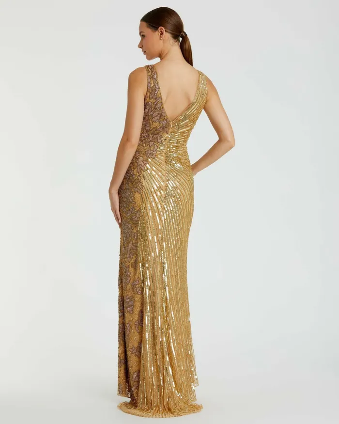 Mac Duggal Best Sellers Women Gold Beaded Floral Sleeveless Gown Gold