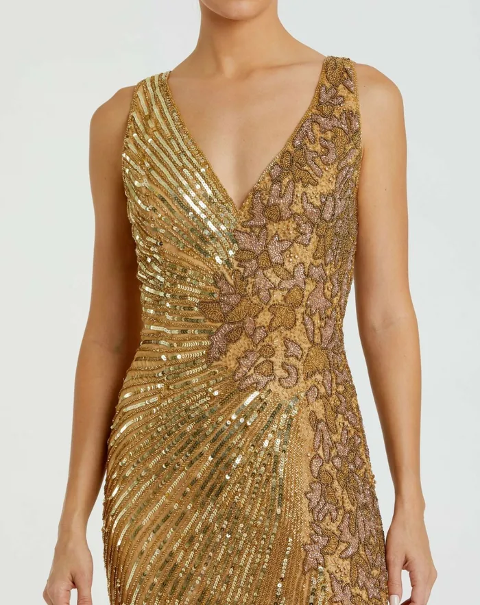 Mac Duggal Best Sellers Women Gold Beaded Floral Sleeveless Gown Gold