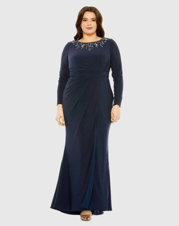 Mac Duggal Long Sleeve Embellished Neckline Jersey Gown Midnight Women Plus Size Dresses