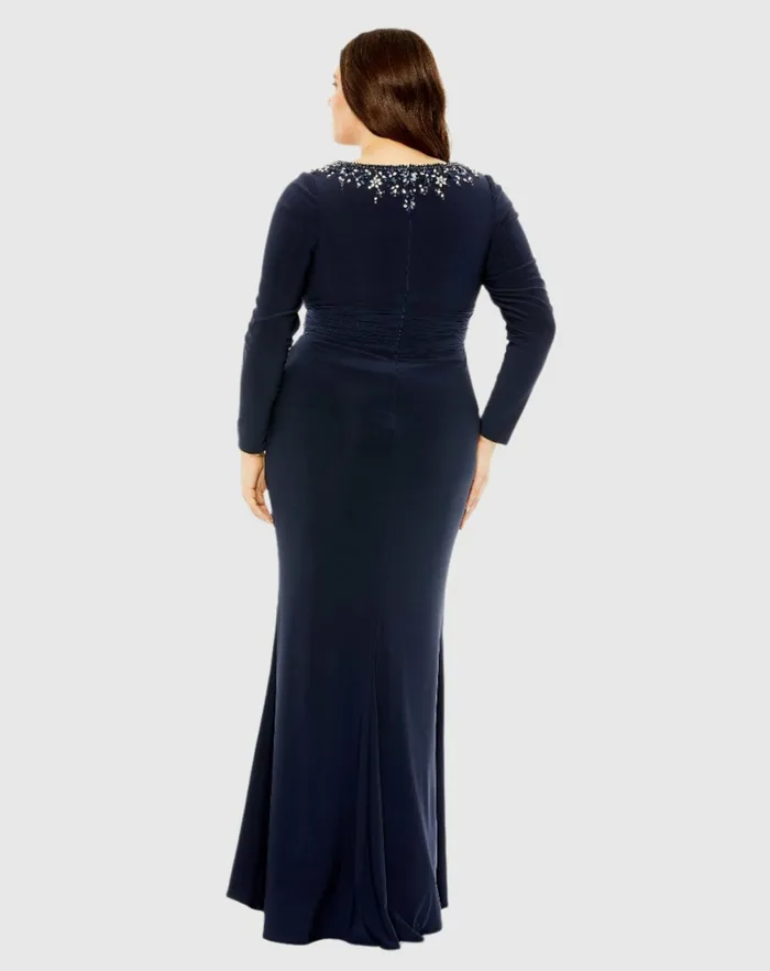 Mac Duggal Long Sleeve Embellished Neckline Jersey Gown Midnight Women Plus Size Dresses