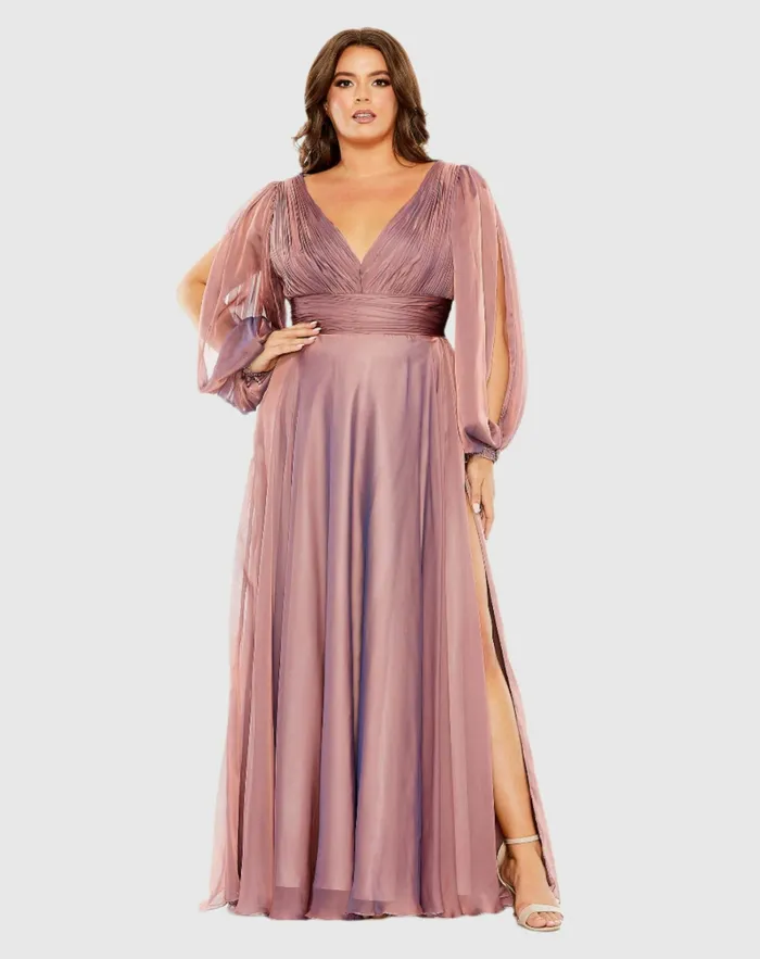 Mac Duggal Puff Sleeve w Embellished Cuff V Neck A Line Dress Antique Rose Women Plus Size Dresses Mac Duggal Puff Sleeve w Embellished Cuff V Neck A Line Dress Antique Rose Women Plus Size Dresses