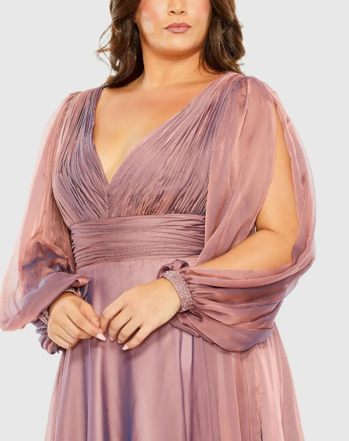 Mac Duggal Puff Sleeve w Embellished Cuff V Neck A Line Dress Antique Rose Women Plus Size Dresses