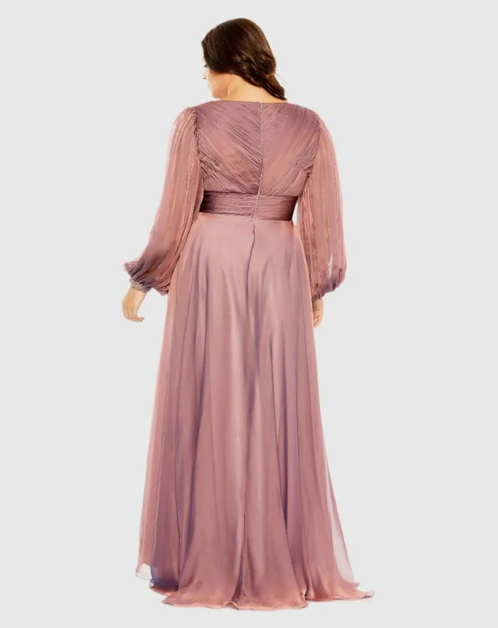 Mac Duggal Puff Sleeve w Embellished Cuff V Neck A Line Dress Antique Rose Women Plus Size Dresses