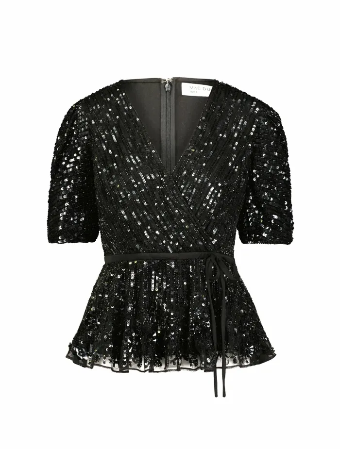 Mac Duggal Sequined Puff Sleeve Faux Wrap Top Black Women Blouses and Tops