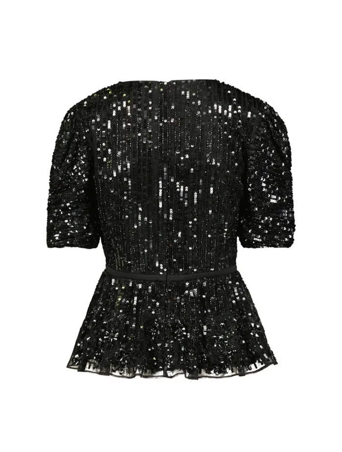 Mac Duggal Sequined Puff Sleeve Faux Wrap Top Black Women Blouses and Tops