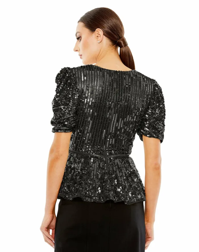 Mac Duggal Sequined Puff Sleeve Faux Wrap Top Black Women Blouses and Tops