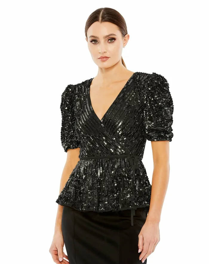 Mac Duggal Sequined Puff Sleeve Faux Wrap Top Black Women Blouses and Tops