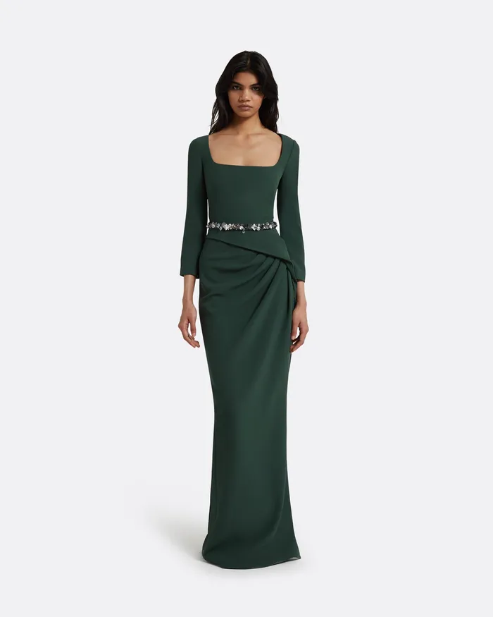 Mahir Darkest Spruce Long Dress With Embroidered Belt Darkest Spruce Women Dresses Safiyaa