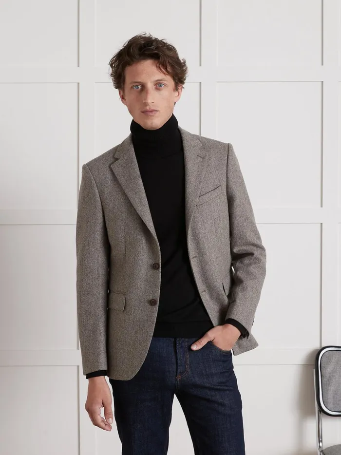 Men Clothing Cyrillus Pure Wool Herringbone Blazer Marron