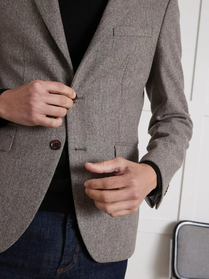 Men Clothing Cyrillus Pure Wool Herringbone Blazer Marron