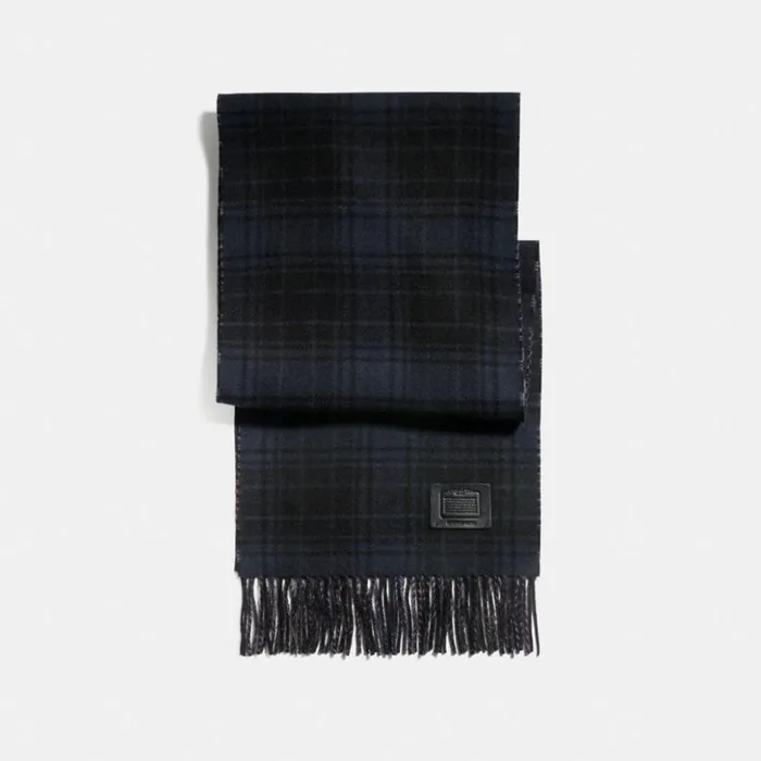 Men Double Plaid Print Muffler Midnight Navy Grey Coach Hats Scarves and Gloves