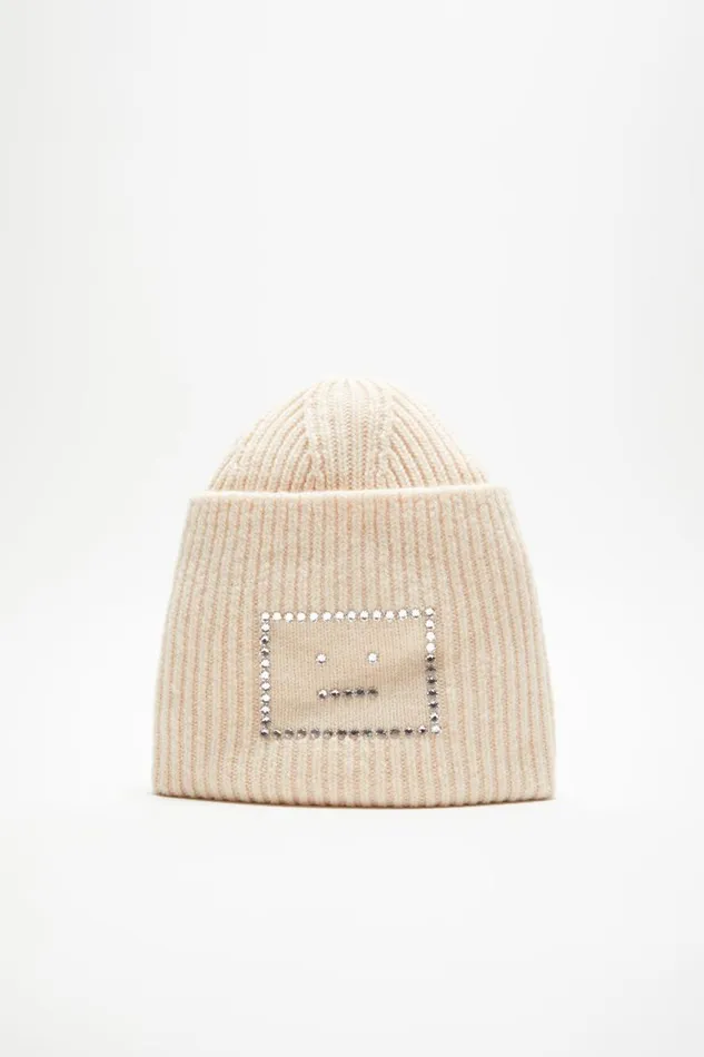 Men Embellished Face Square Beanie Oatmeal Melange Acne Studios Face Collection