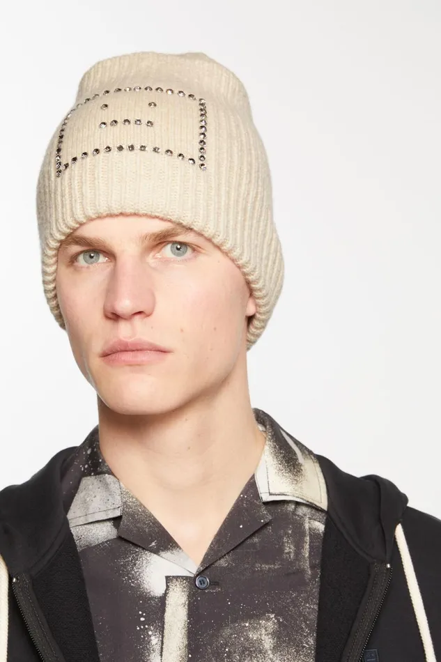 Men Embellished Face Square Beanie Oatmeal Melange Acne Studios Face Collection