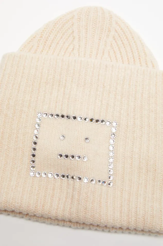 Men Embellished Face Square Beanie Oatmeal Melange Acne Studios Face Collection