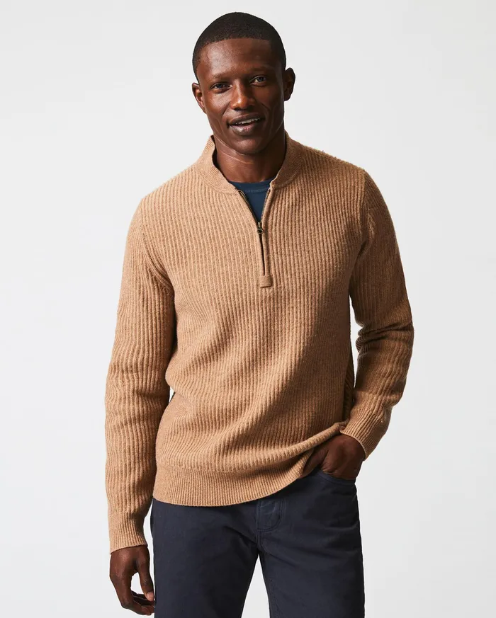 Men Fisherman Rib Half Zip Cameltan Billy Reid Sweaters and Sweatshirts