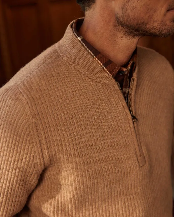 Men Fisherman Rib Half Zip Cameltan Billy Reid Sweaters and Sweatshirts