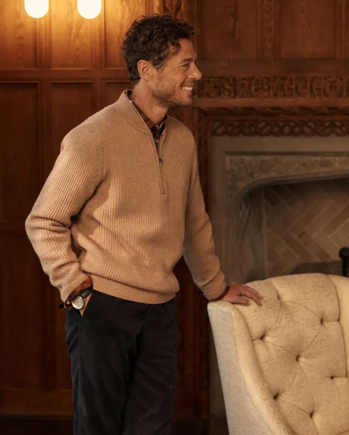 Men Fisherman Rib Half Zip Cameltan Billy Reid Sweaters and Sweatshirts