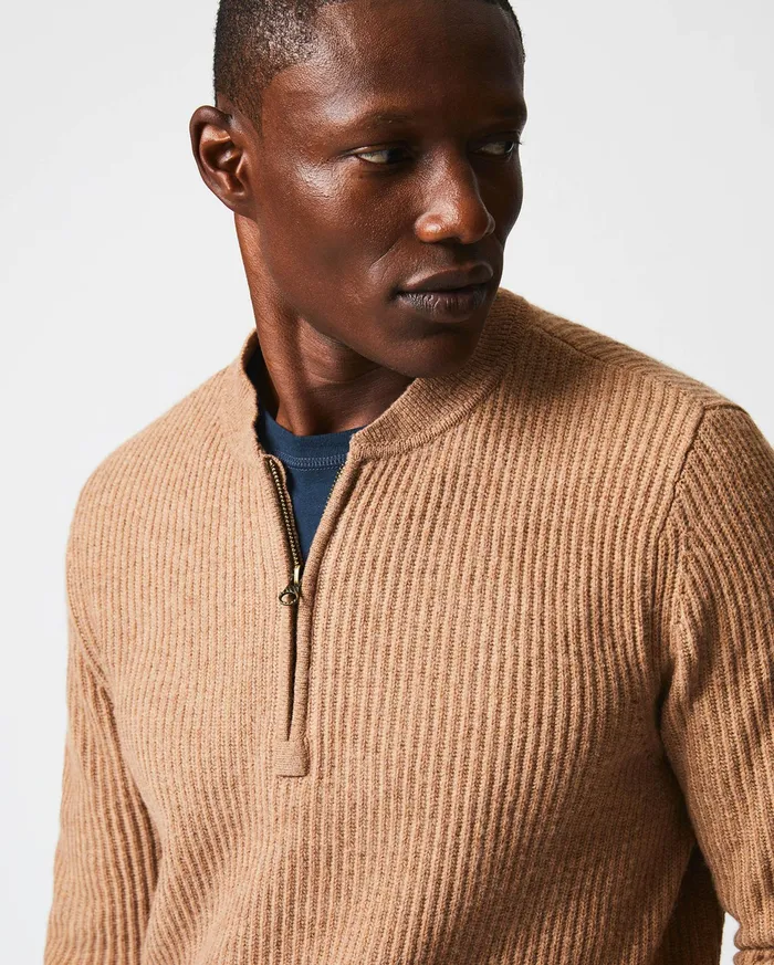 Men Fisherman Rib Half Zip Cameltan Billy Reid Sweaters and Sweatshirts