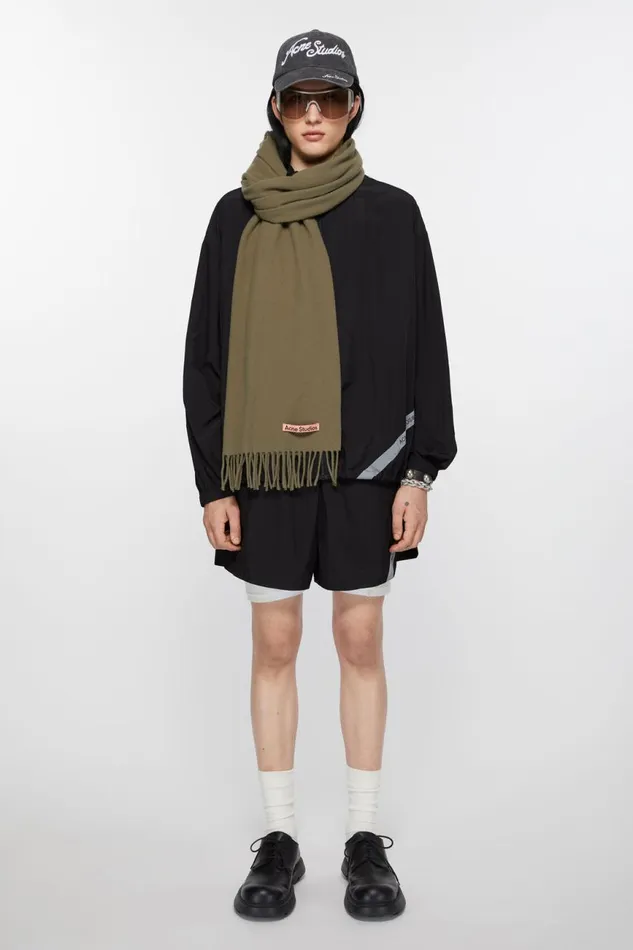 Men Fringe Wool Scarf 8211 Narrow Khaki Green Acne Studios Scarves