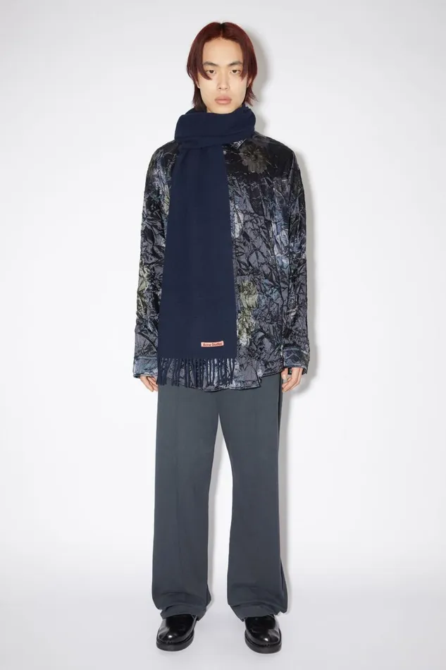 Men Fringe Wool Scarf 8211 Skinny Navy Blue Acne Studios Scarves