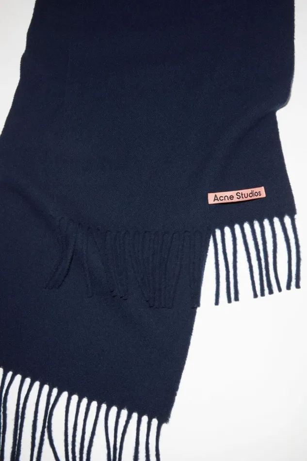 Men Fringe Wool Scarf 8211 Skinny Navy Blue Acne Studios Scarves