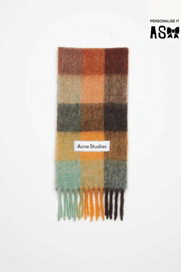 Men Mohair Checked Scarf Chestnut Brownyellowgreen Acne Studios Scarves