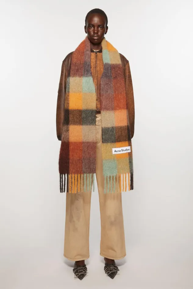 Men Mohair Checked Scarf Chestnut Brownyellowgreen Acne Studios Scarves
