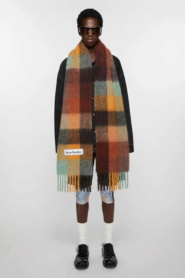 Men Mohair Checked Scarf Chestnut Brownyellowgreen Acne Studios Scarves