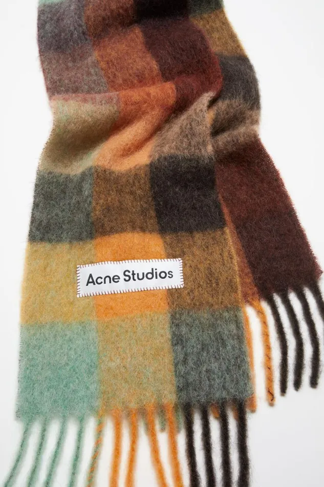 Men Mohair Checked Scarf Chestnut Brownyellowgreen Acne Studios Scarves