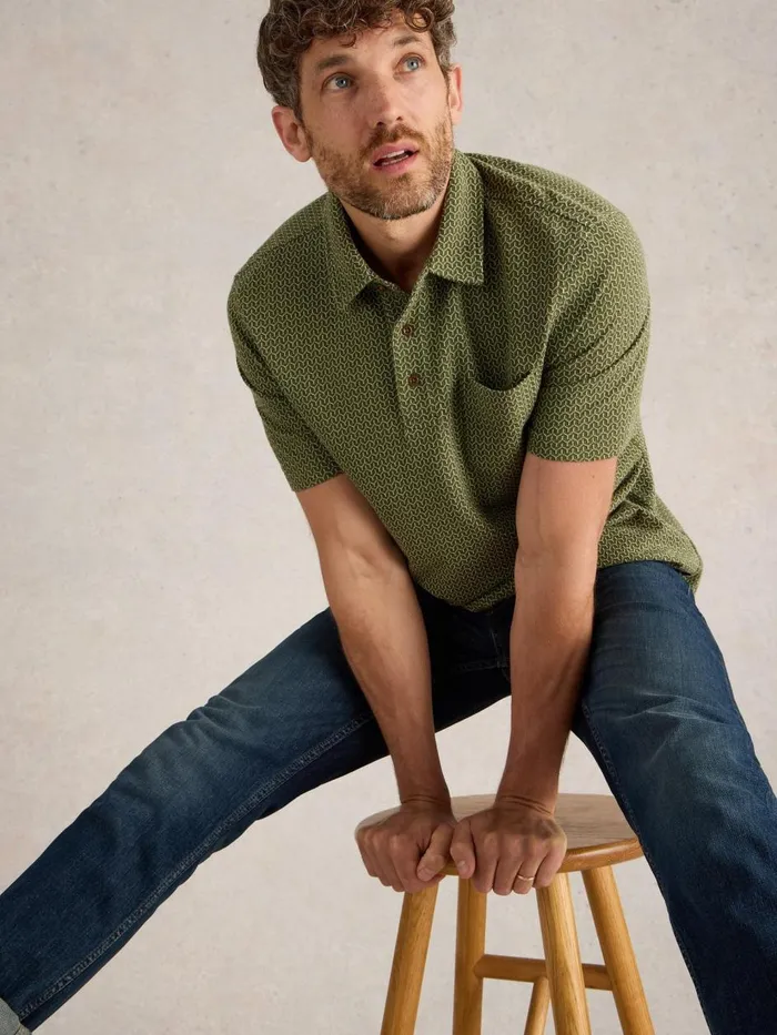 Men POLO SHIRTS White Stuff Jacquard Polo Khaki Green Men POLO SHIRTS White Stuff Jacquard Polo Khaki Green