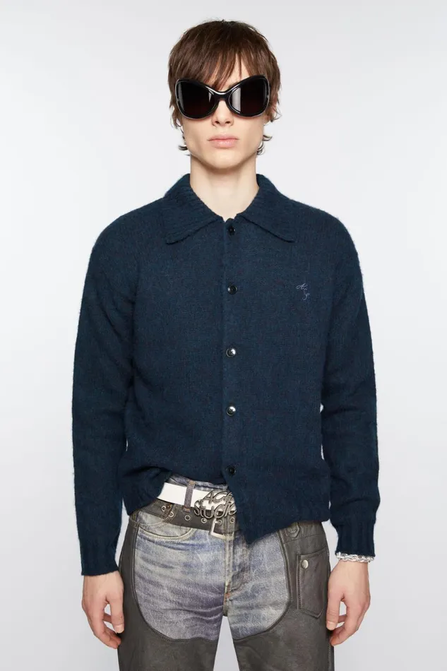 Men Polo Wool Cardigan Deep Blue Melange Acne Studios Knitwear